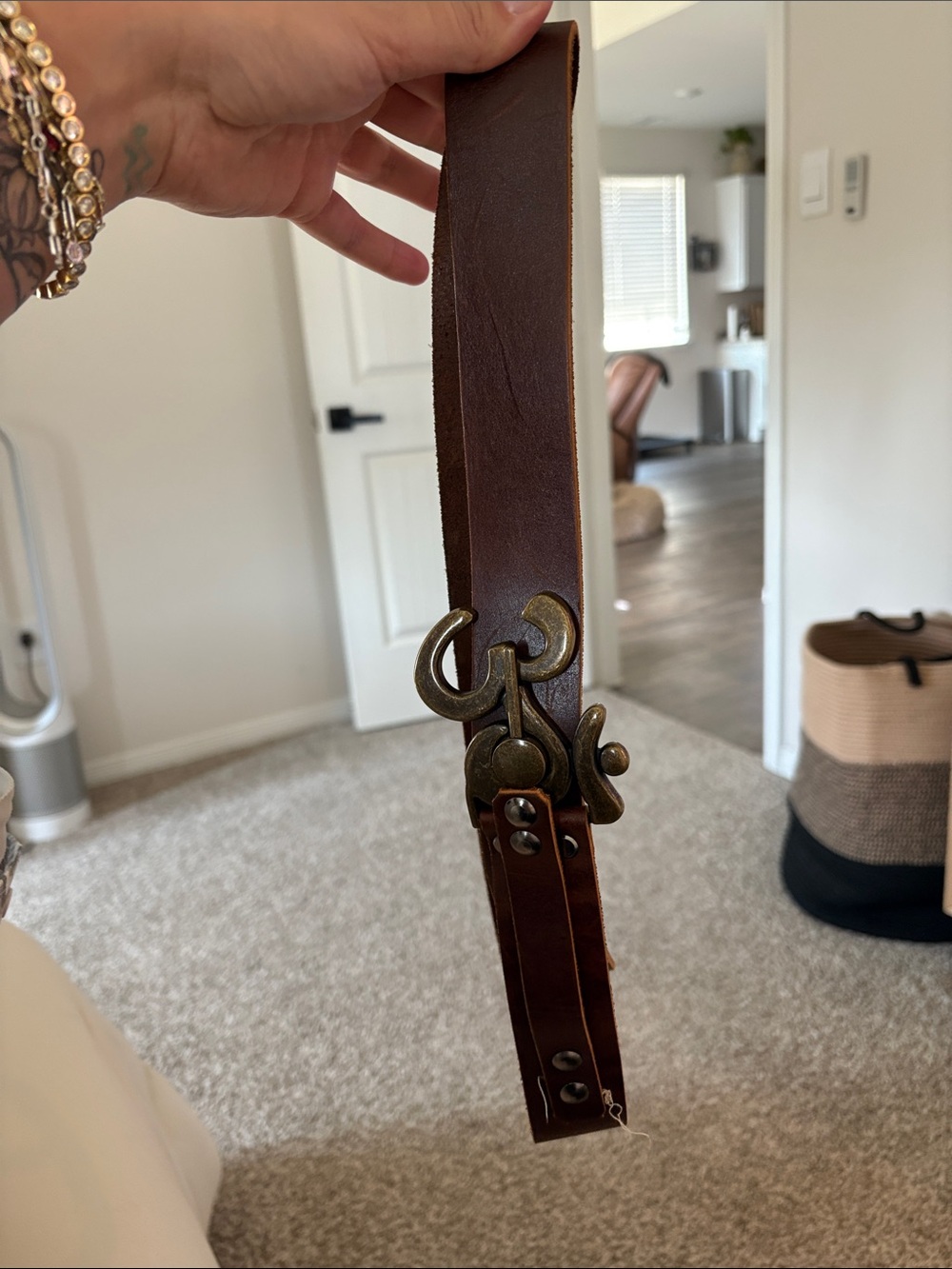 OM symbol-Brown Leather Belt with Antiqued Brass Statement Buckle - Picture 5 of 5